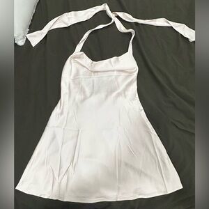 New Satin Backless Cowl Neck Tie Dress